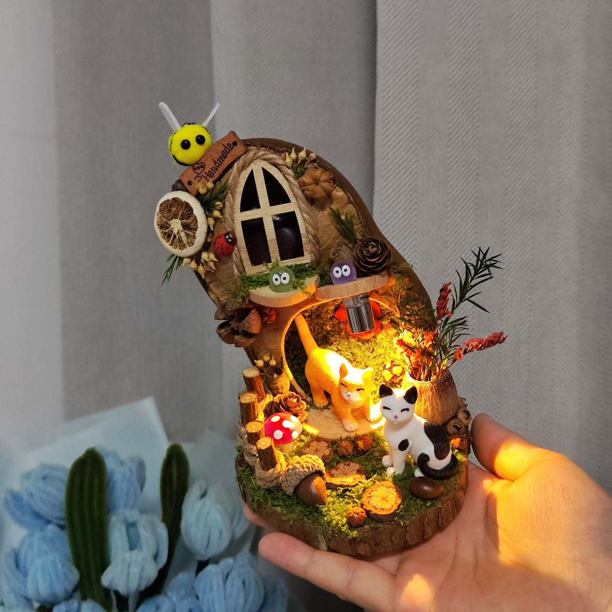 Handcrafted Cat Figurine Diorama in Natural Pod