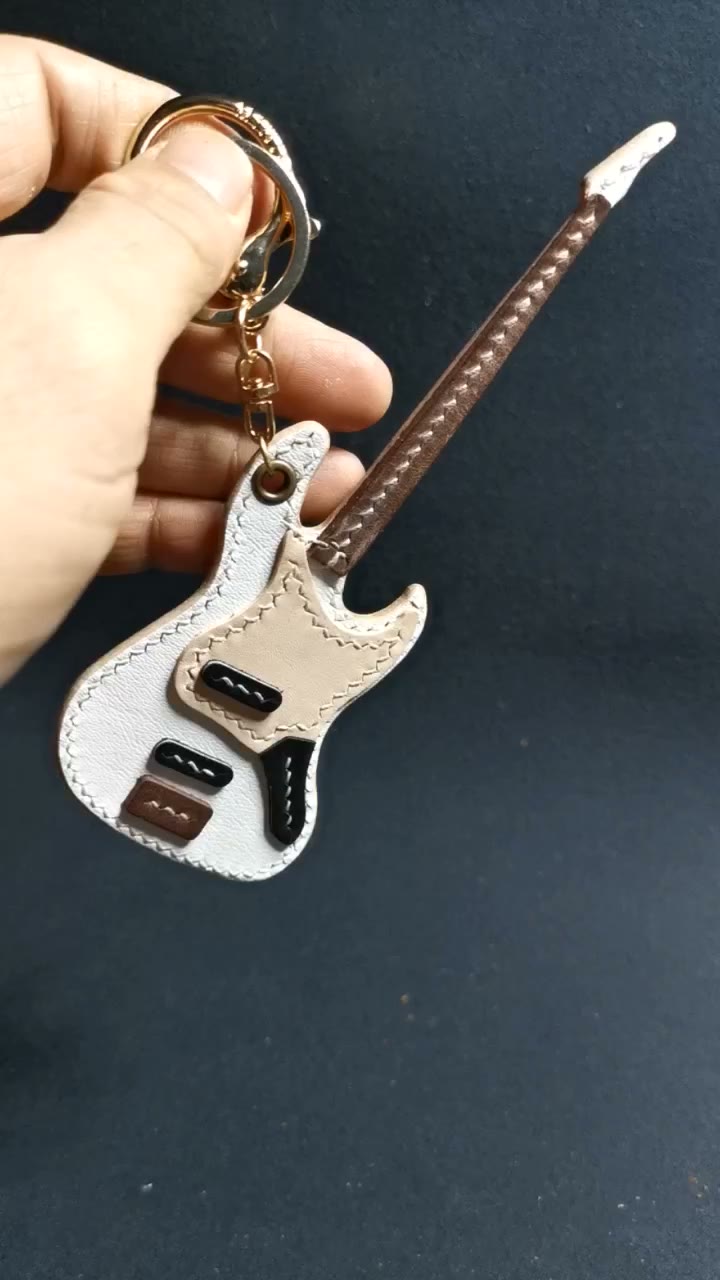 Hand Stitched Leather Guitar Keychain Bag Charm