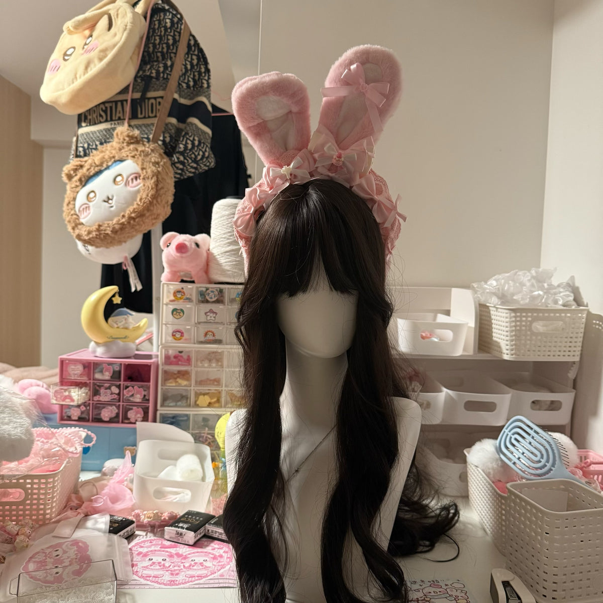 Pink Plush Rabbit Ear Bow Headband