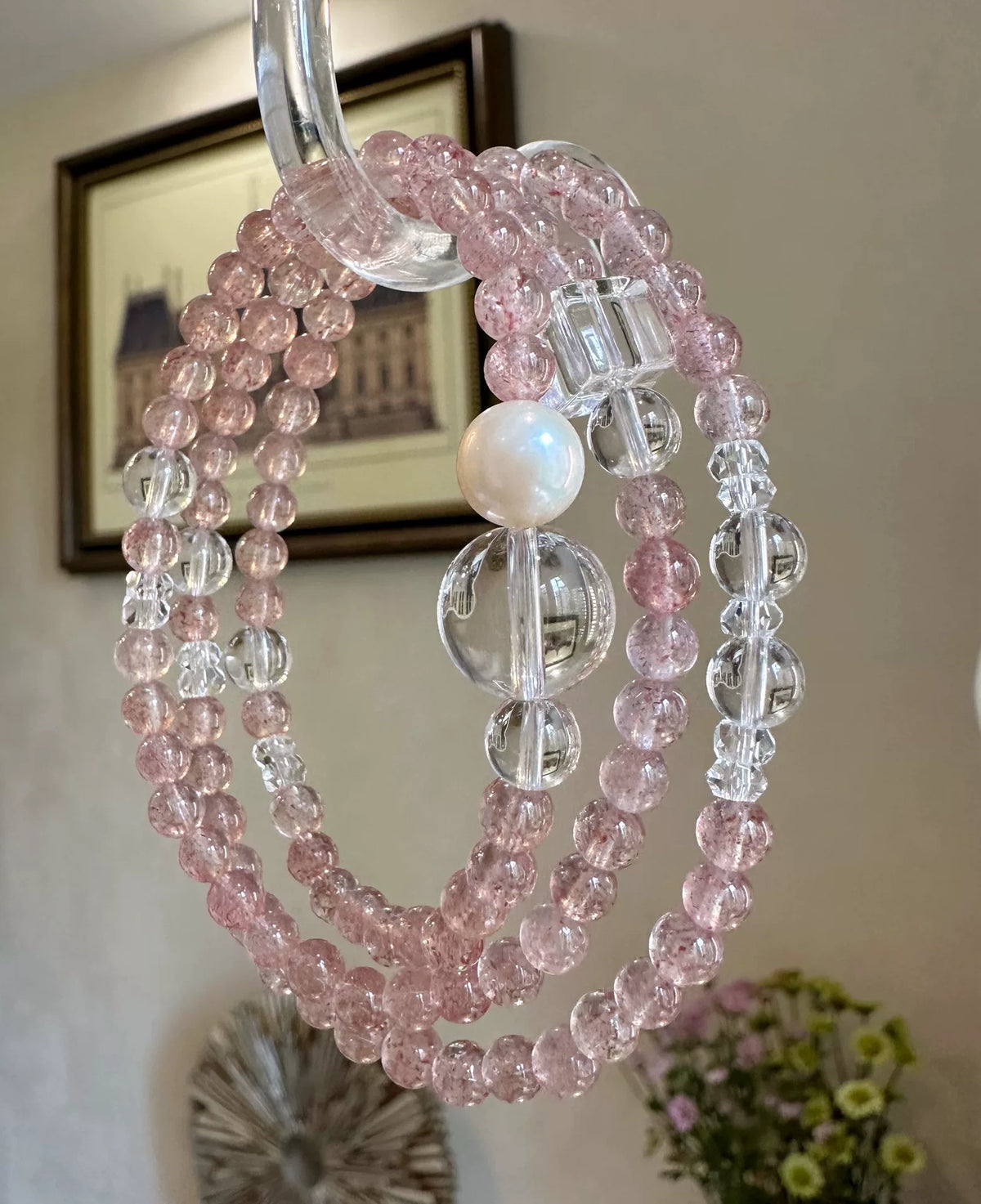 Strawberry Quartz White Crystal Multi Strand Bracelet