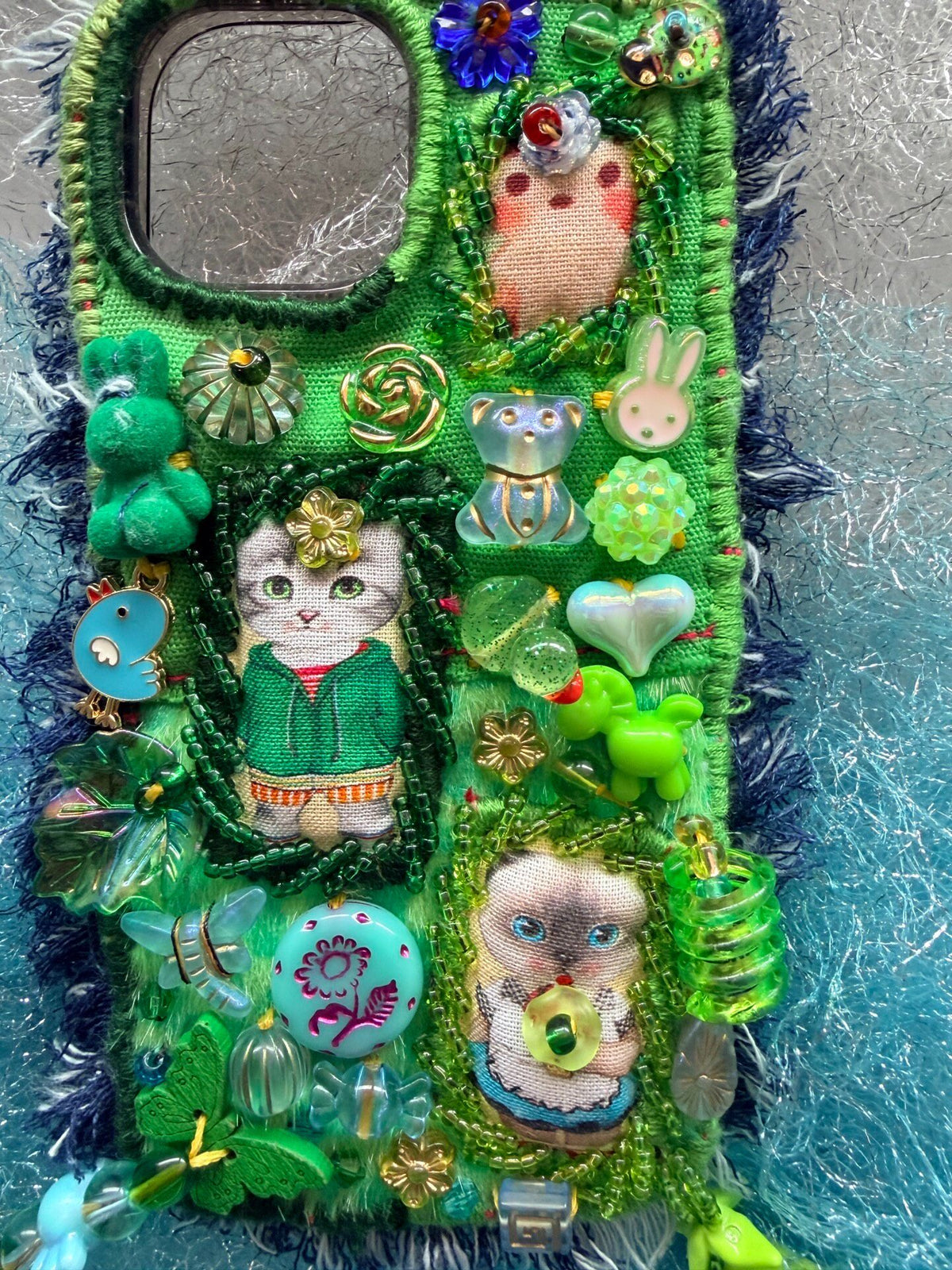 Forest Green Patchwork Beaded Cat Phone Case