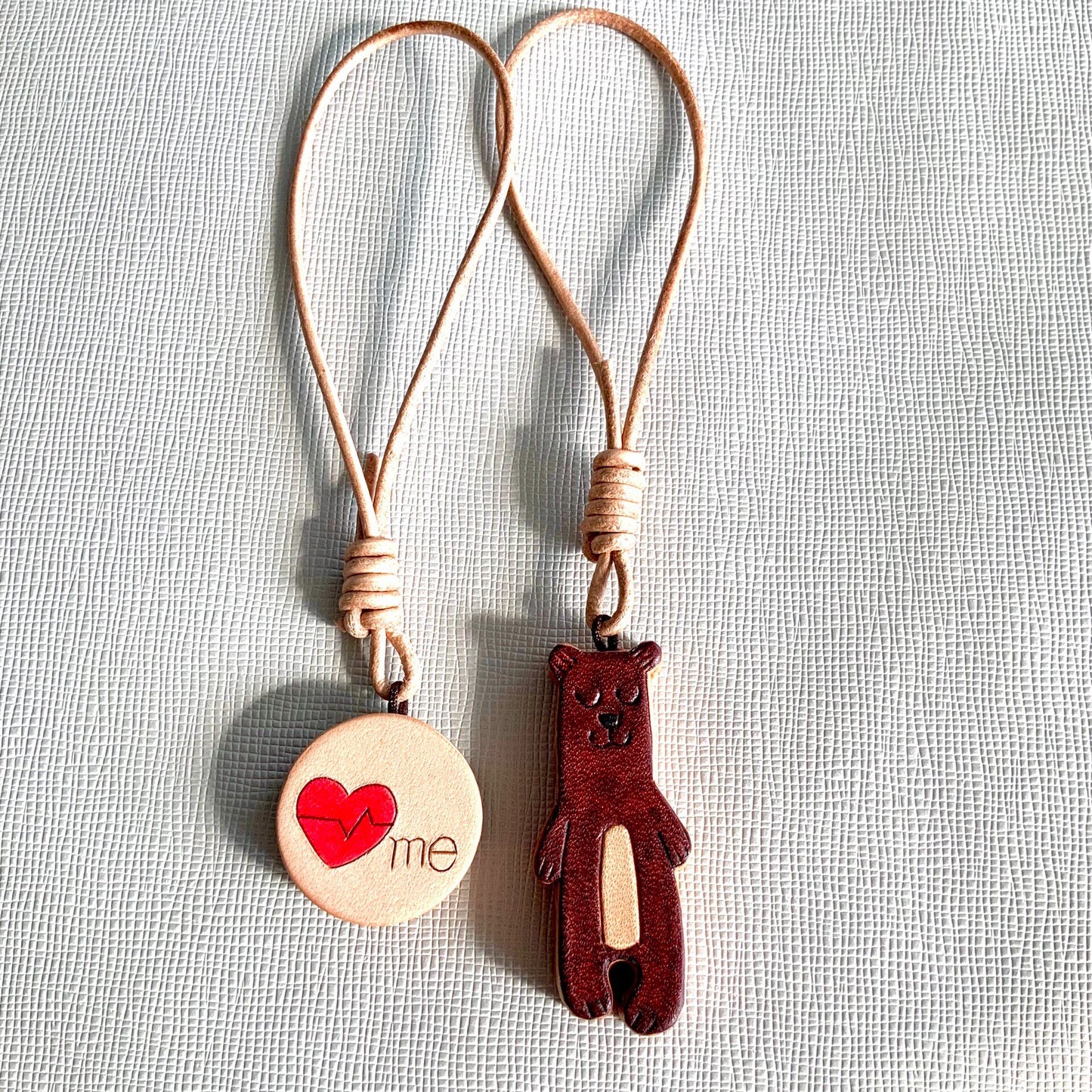 Set of Two Leather Charms: Bear and Heart Pendants for Journal, Bag, or Phone