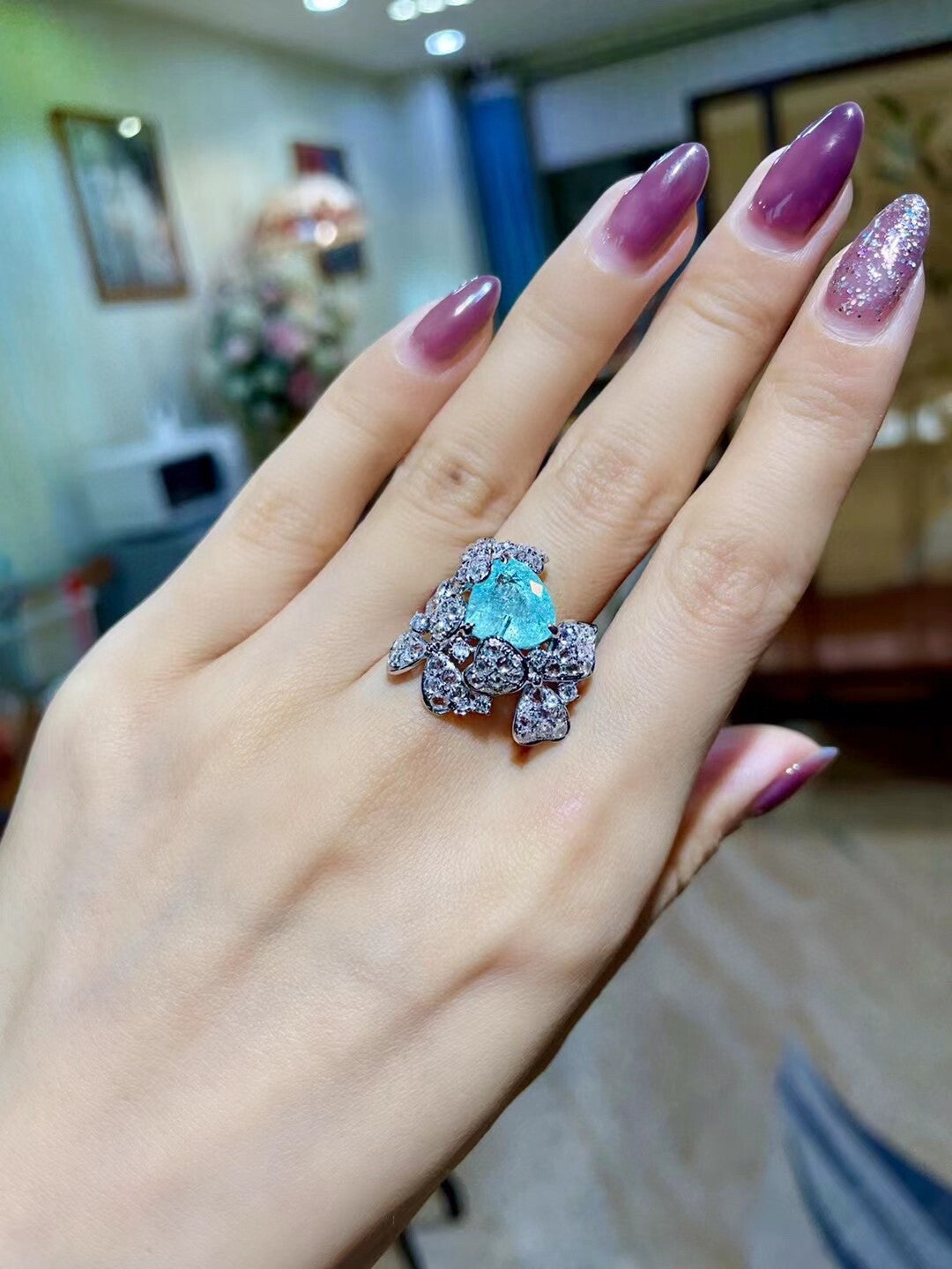 4.07ct Paraíba Tourmaline Ring with 1.62ct Diamond Floral Motif