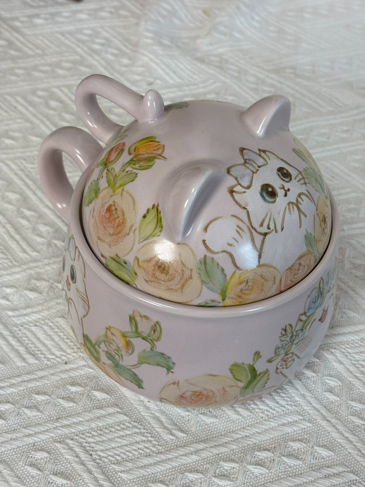 Zuppiera in ceramica di Jingdezhen con gatti, smalto rosa
