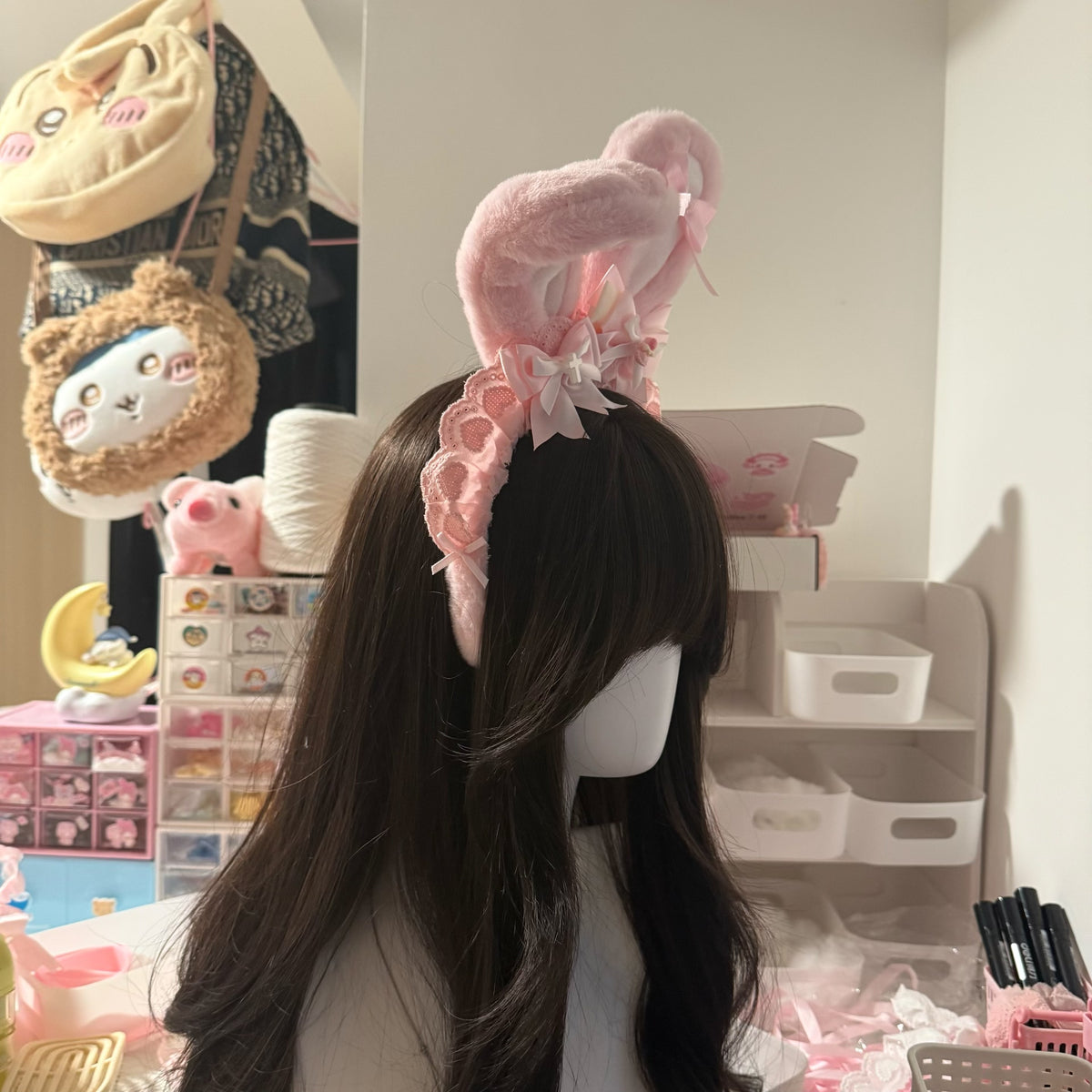 Pink Plush Bunny Ear Headband with Satin Bow