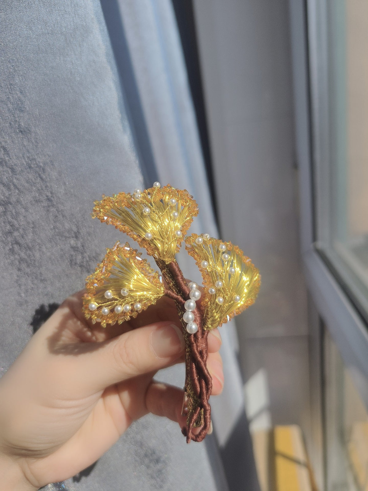 Ginkgo Leaf Hair Clip Amber Beaded