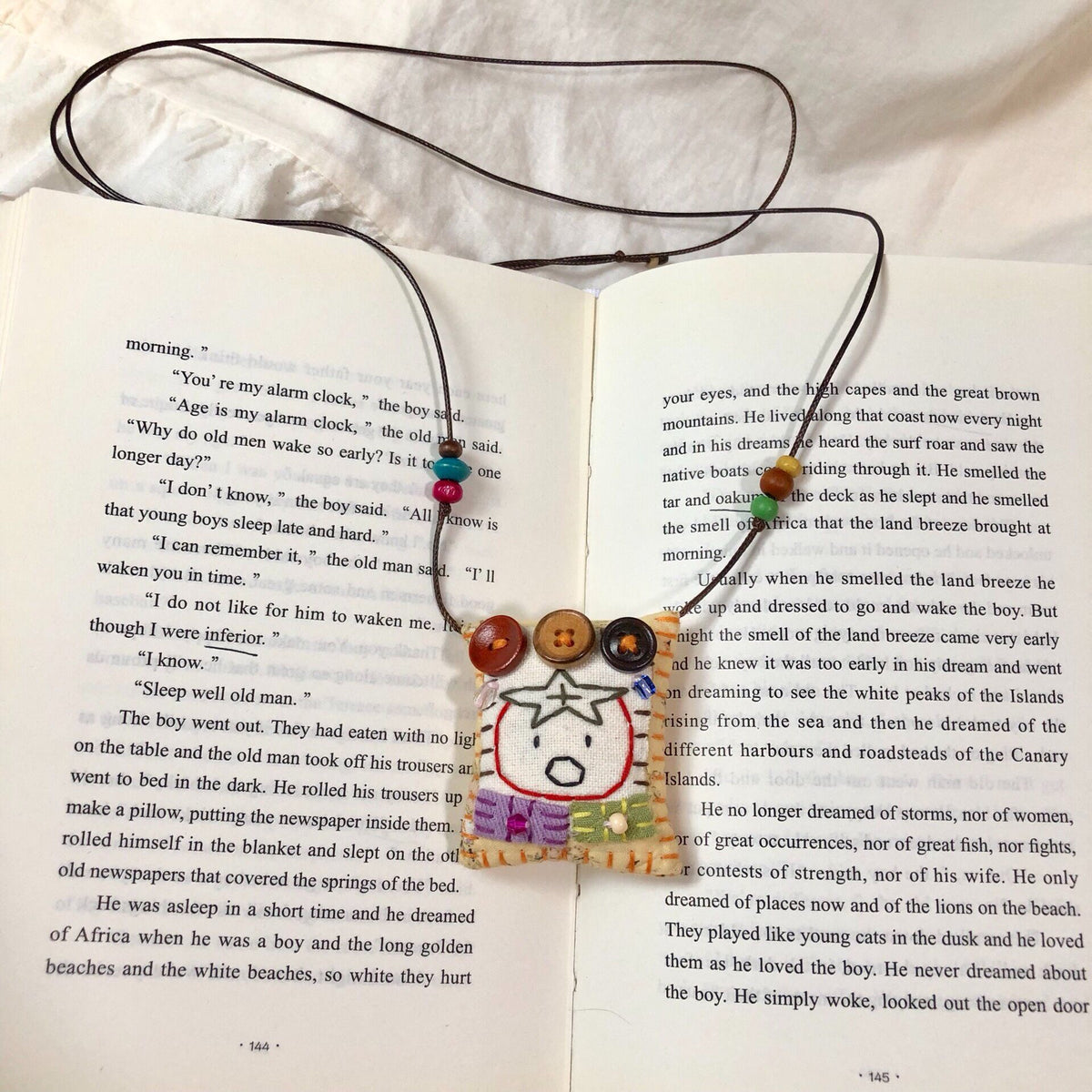 Handmade Hand Sewn Long Necklace Fabric Pendant