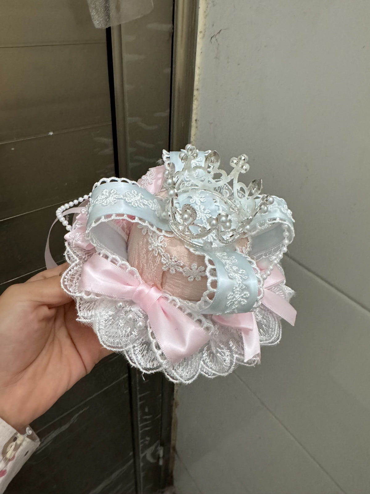 Blue Pink Lace Hat with Mini Tiara