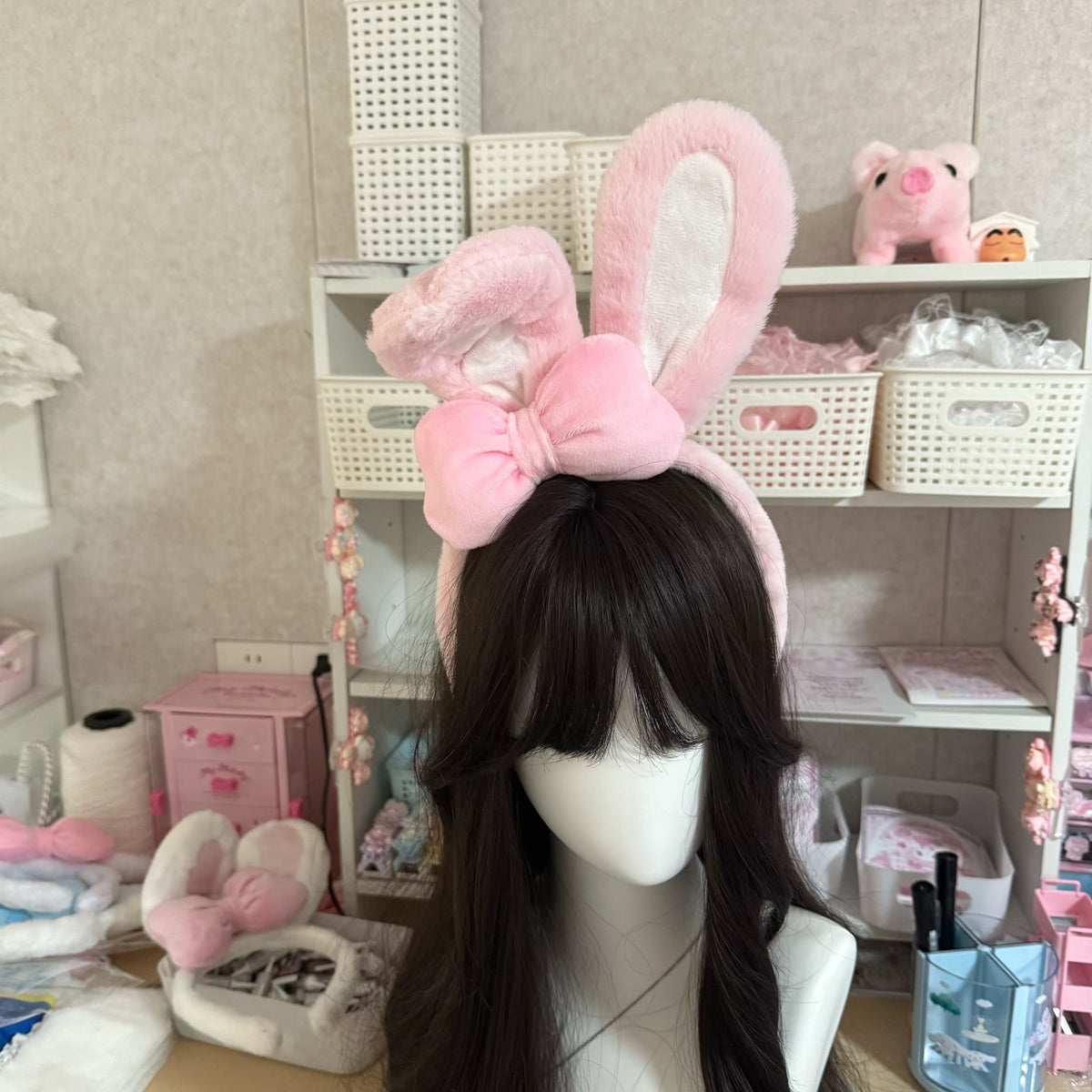 Pink Plush Bunny Ear Headband with Bow
