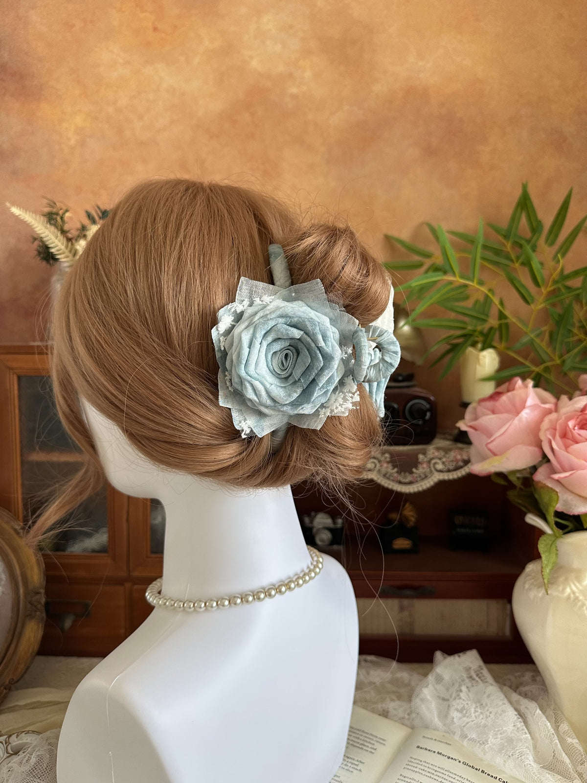 Handcrafted Fabric Rose Claw Clip Dusty Blue