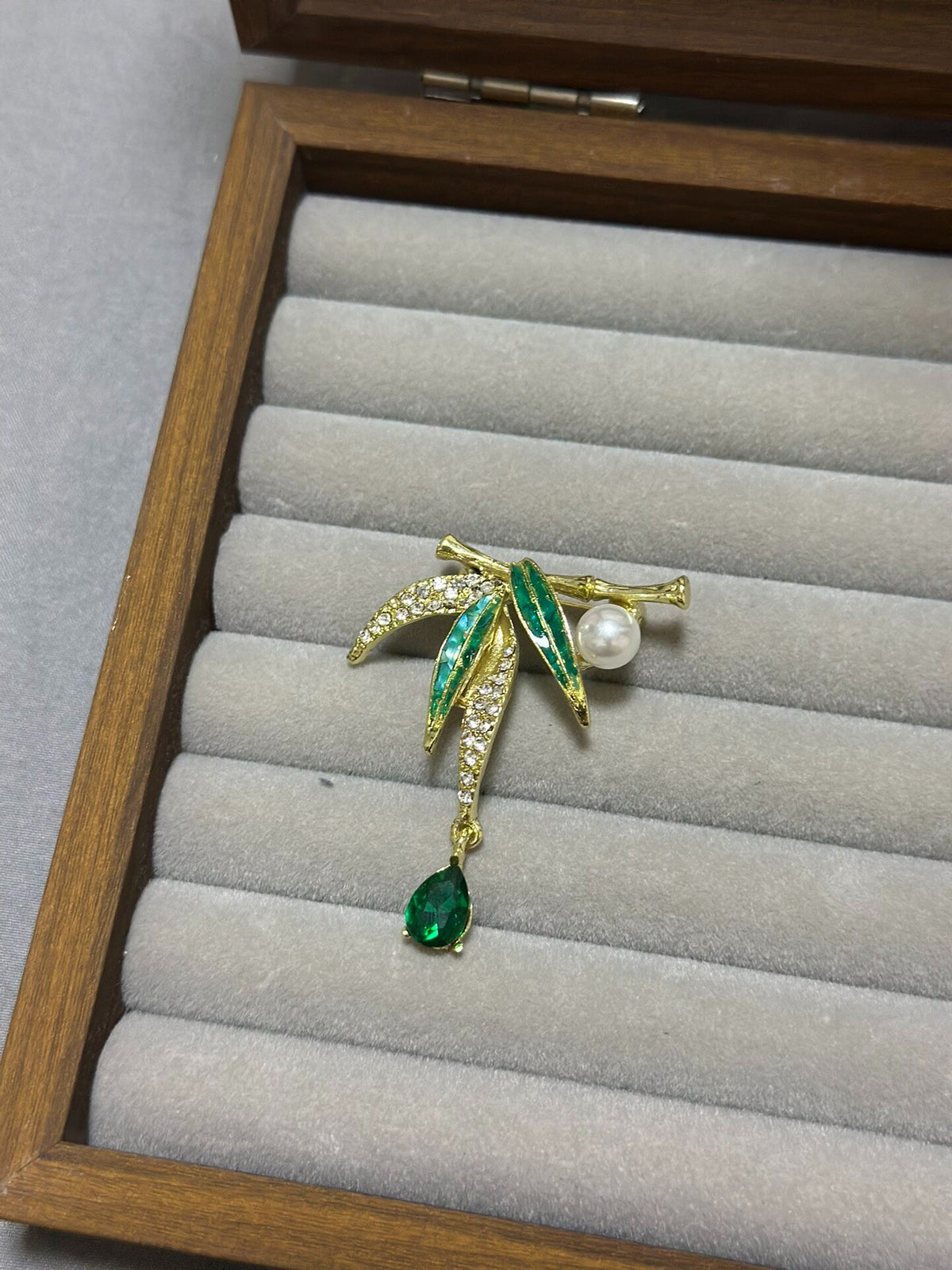 Bamboo Leaf Brooch with Shell Inlay