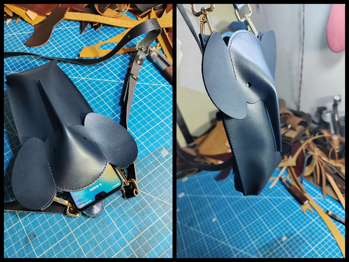 Handmade Leather Elephant Phone Bag Navy Blue