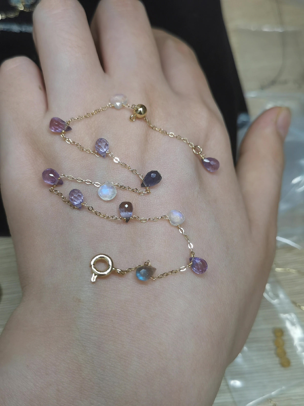 Gold Chain Bracelet with Purple Gemstone Beads