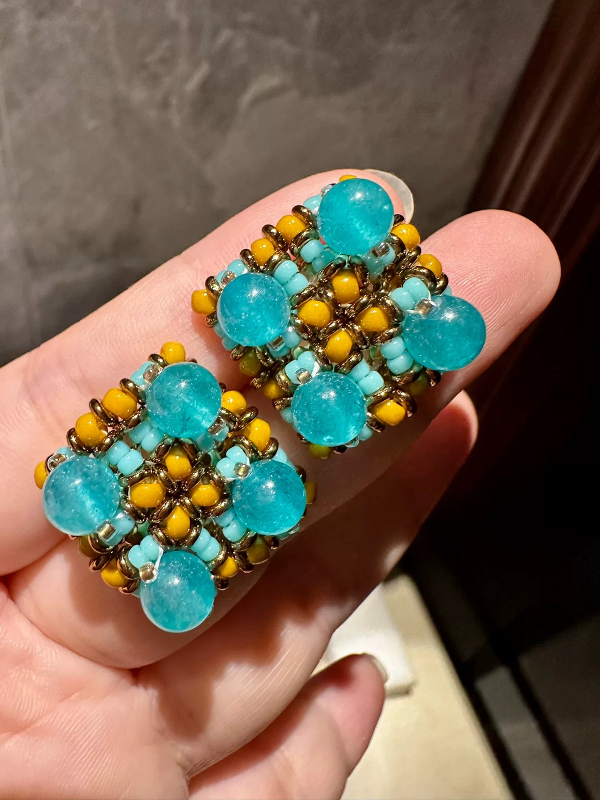 Ice Blue Amazonite Checkerboard Stud Earrings