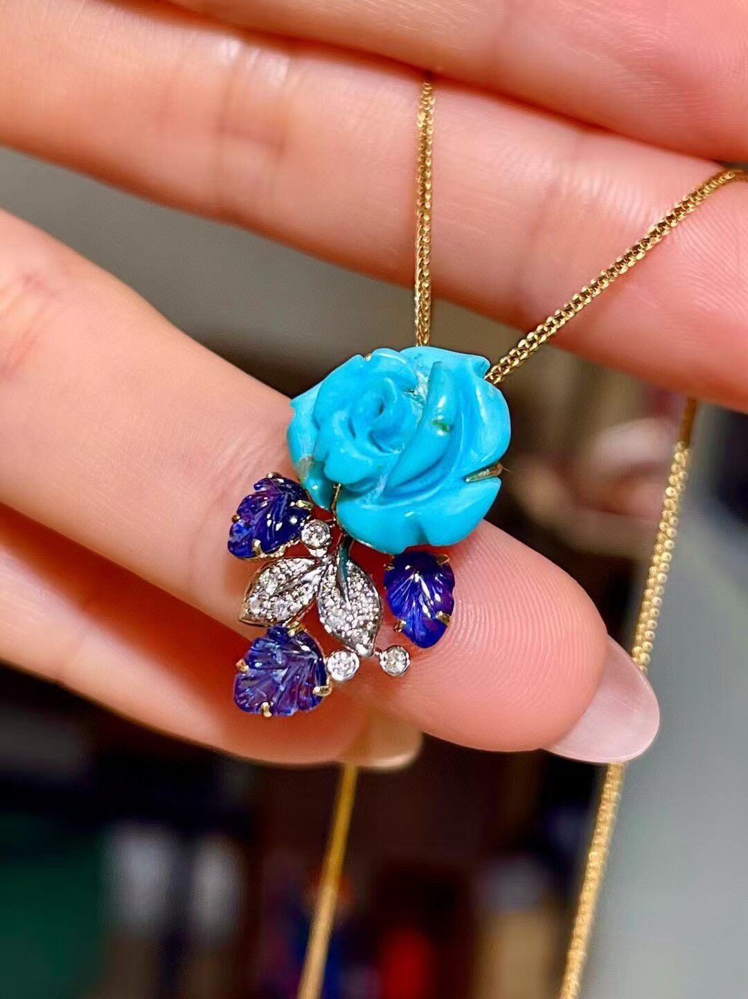 18K Gold Blue Turquoise Rose Carved Pendant with Sapphire Leaves and Diamond Accents