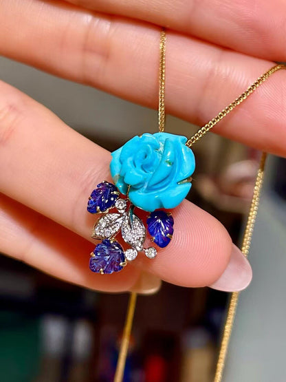 18K Gold Blue Turquoise Rose Carved Pendant with Sapphire Leaves and Diamond Accents