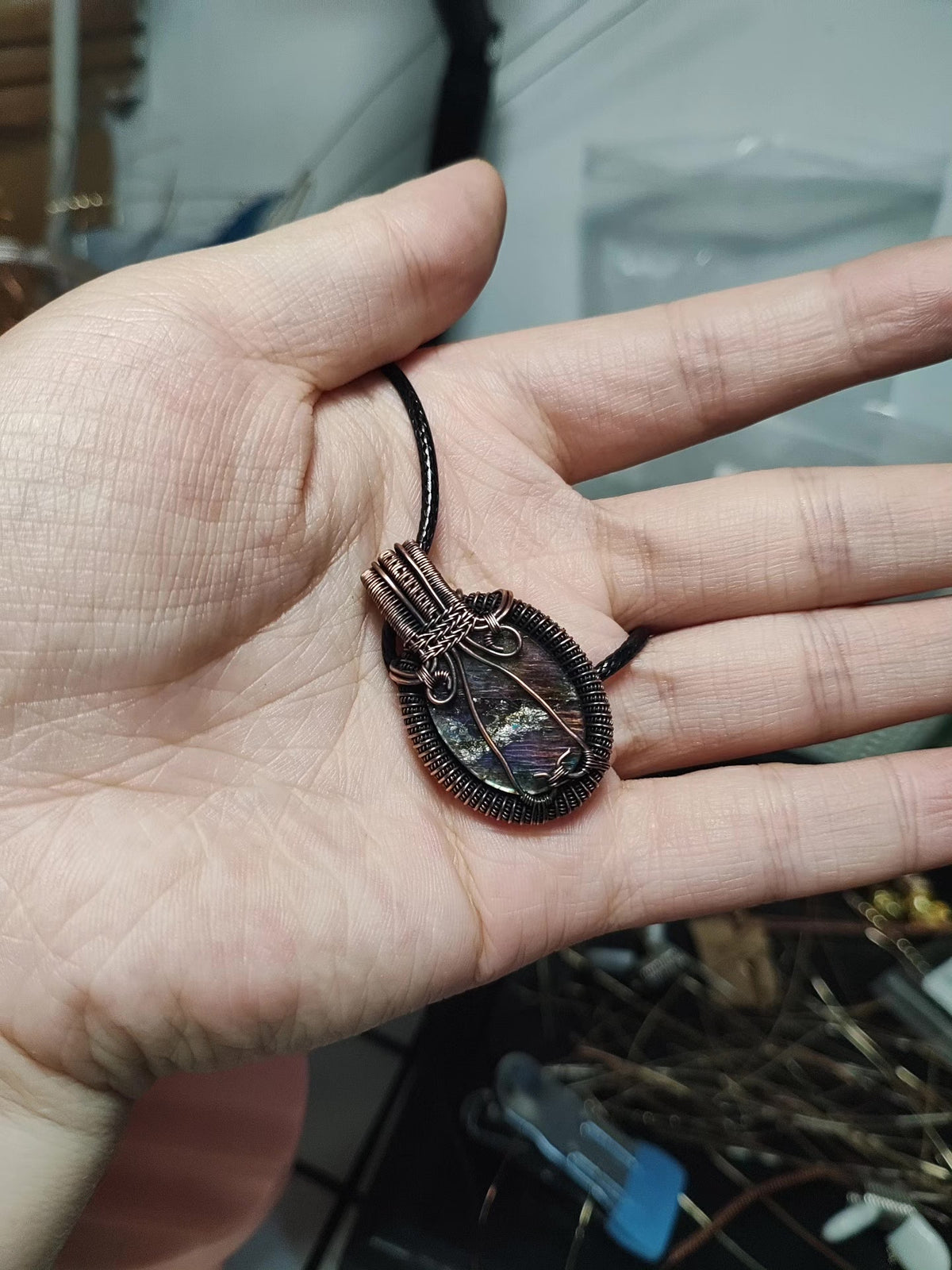 Copper Wire Labradorite Pendant Black Leather Cord