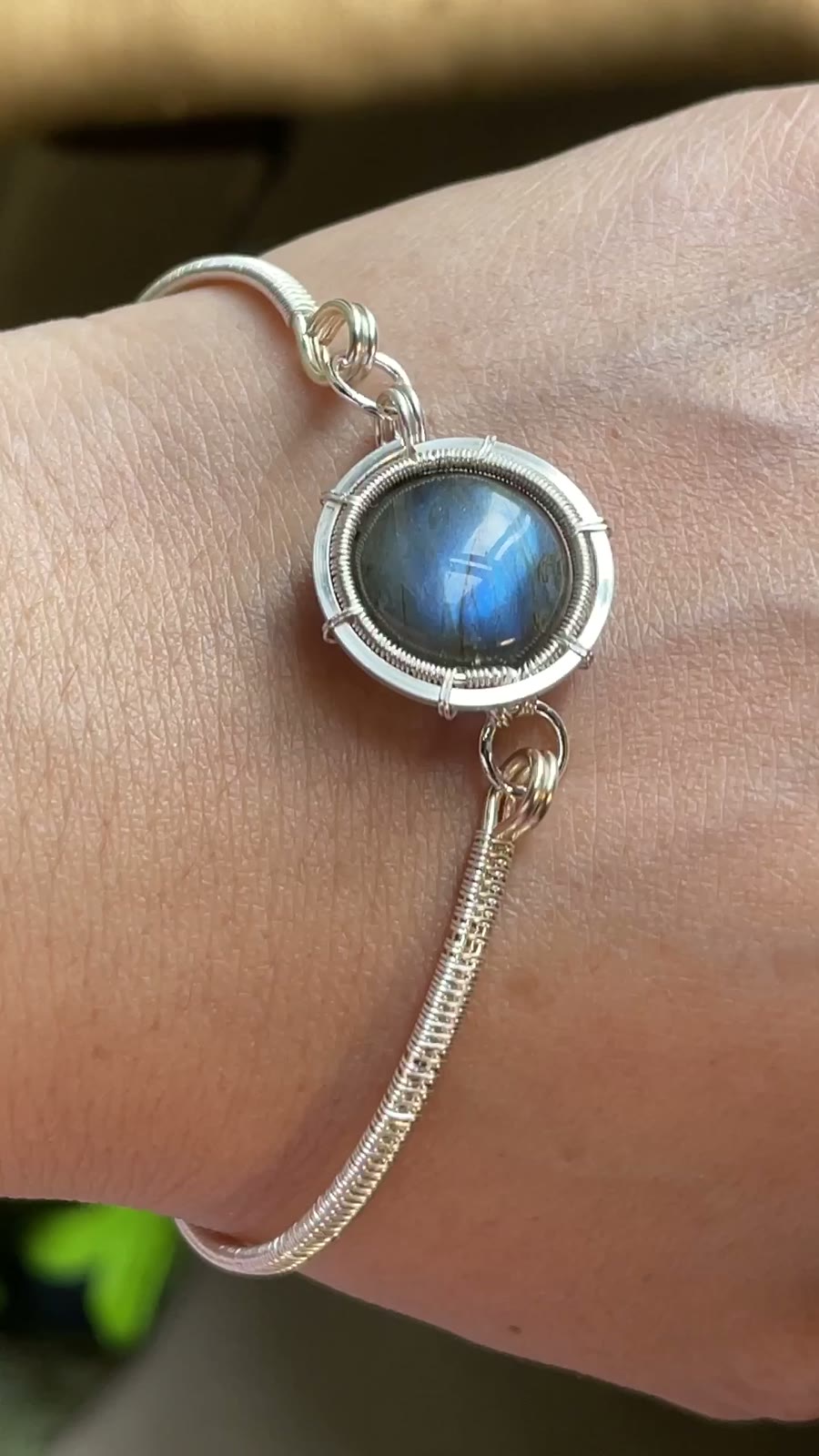 Blue Flash Labradorite Wire Wrapped Bracelet