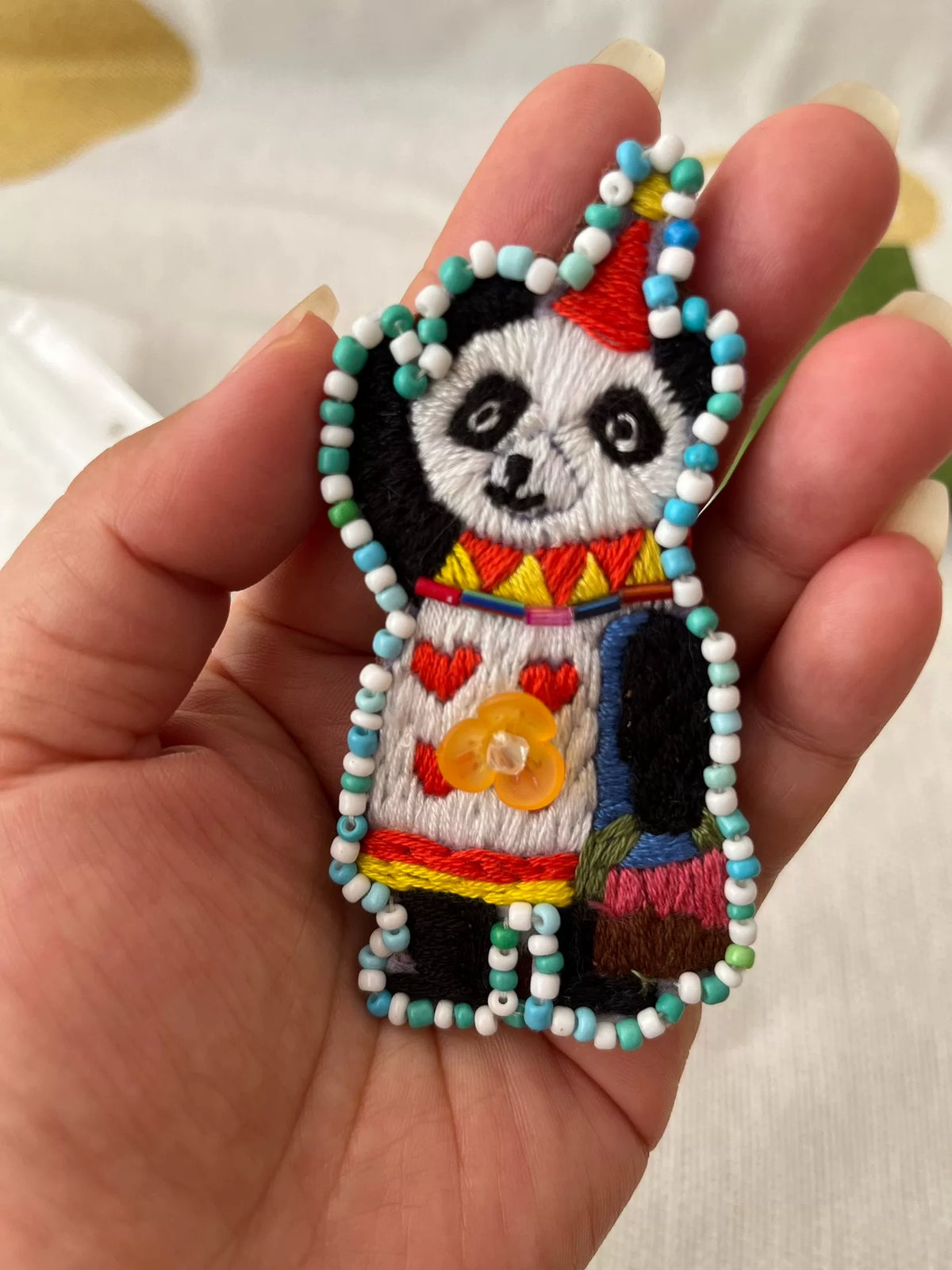 Handmade Beaded Panda Brooch with Leather Backing