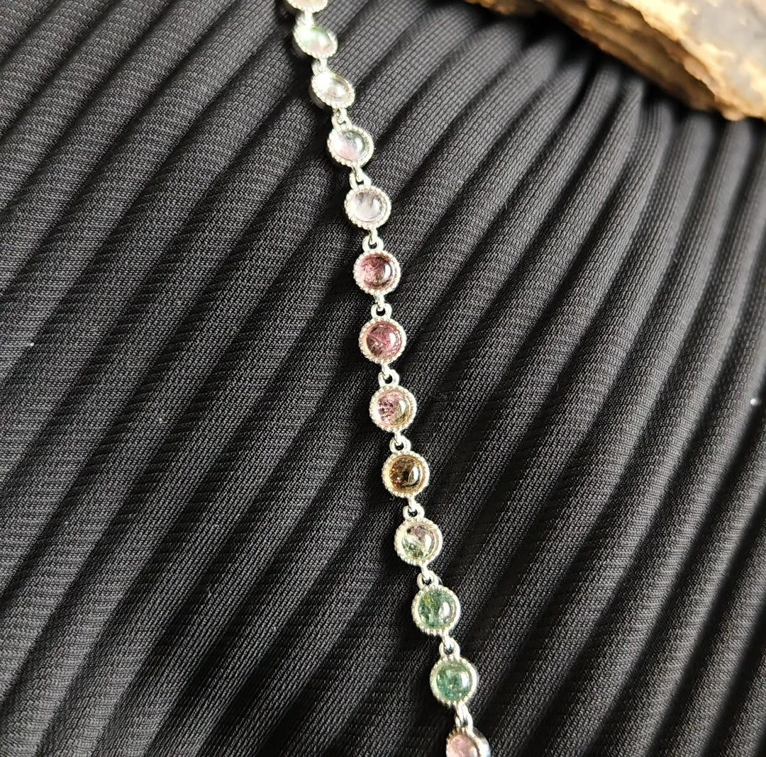 Pink Green Gemstone Silver Bezel Bracelet