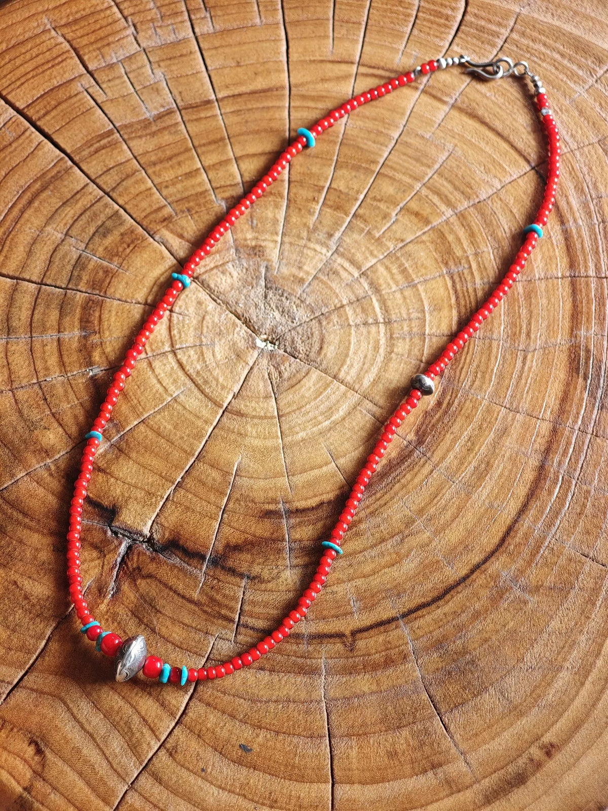 925 Silver Navajo Hand Hammered Turquoise Glass Bead Necklace