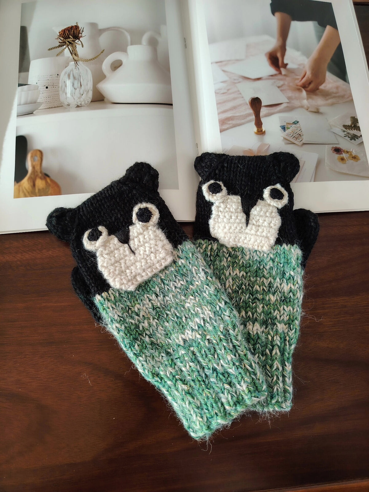 Hand Knitted Wool Raccoon Warm Gloves