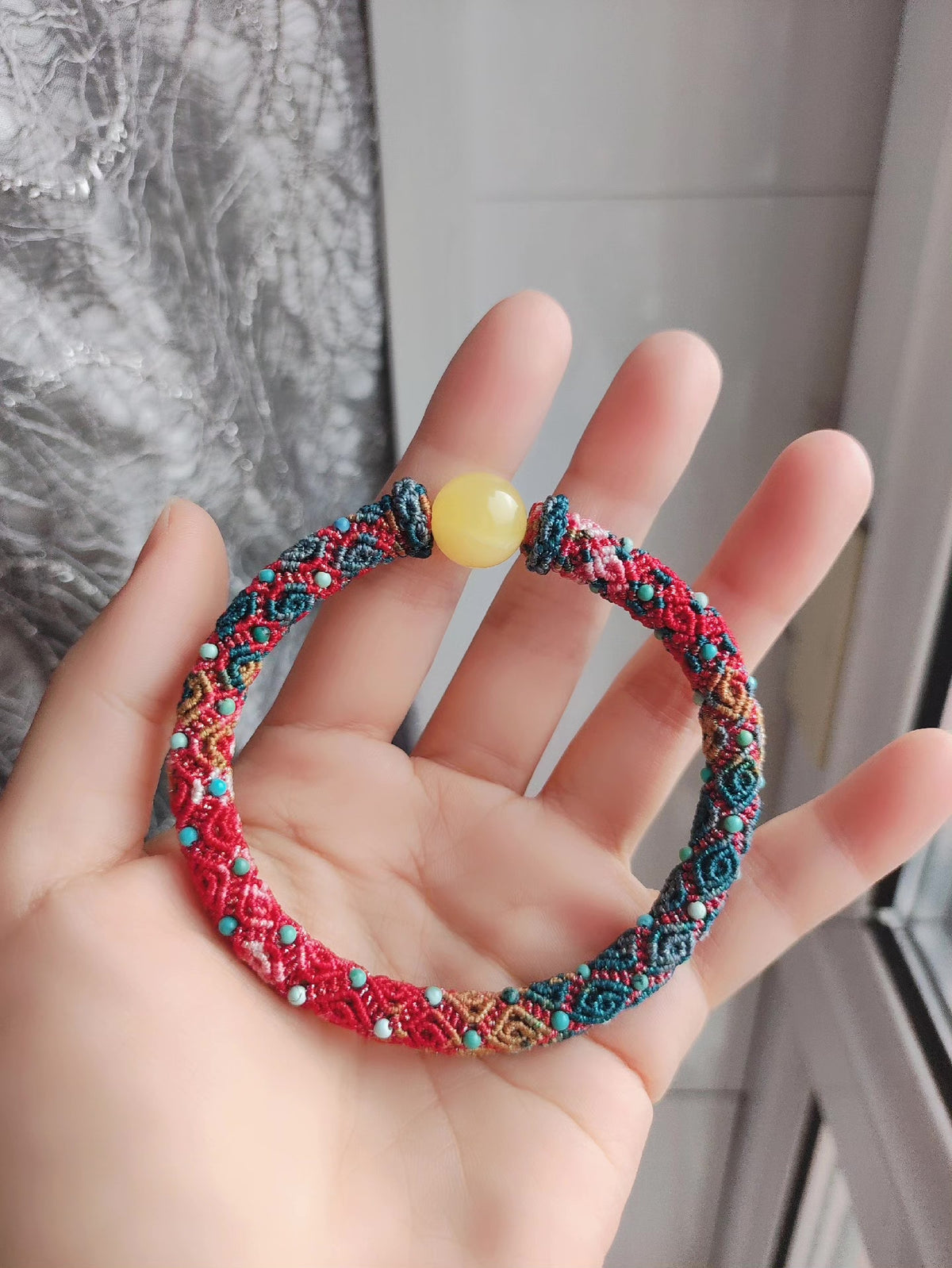 Dunhuang Pattern Woven Bracelet with Amber Bead