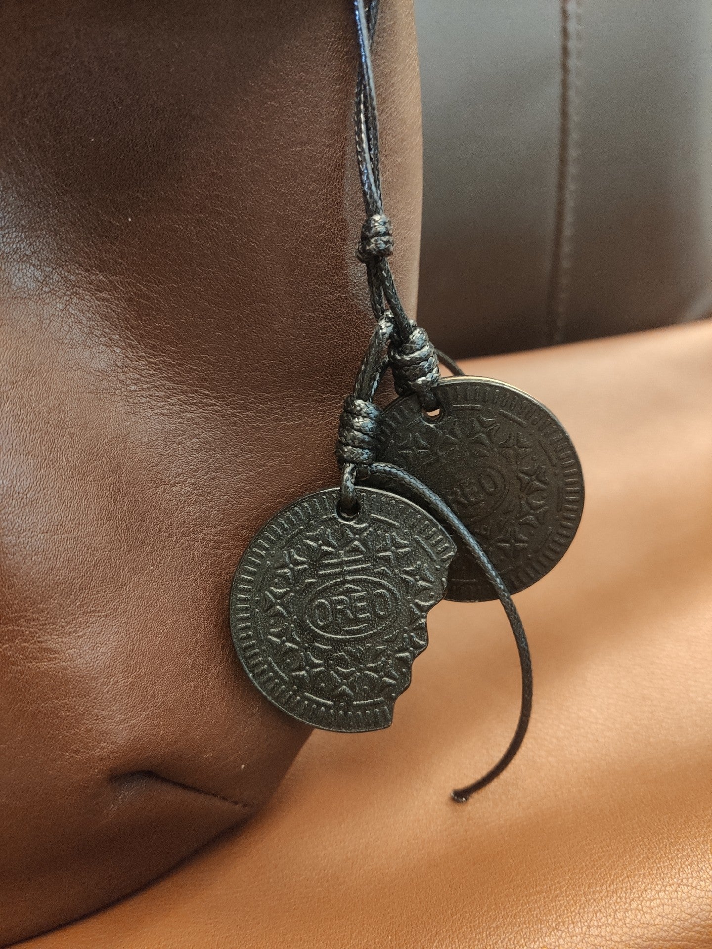 Handmade Oreo Cookie Leather Keychain with Bite Detail