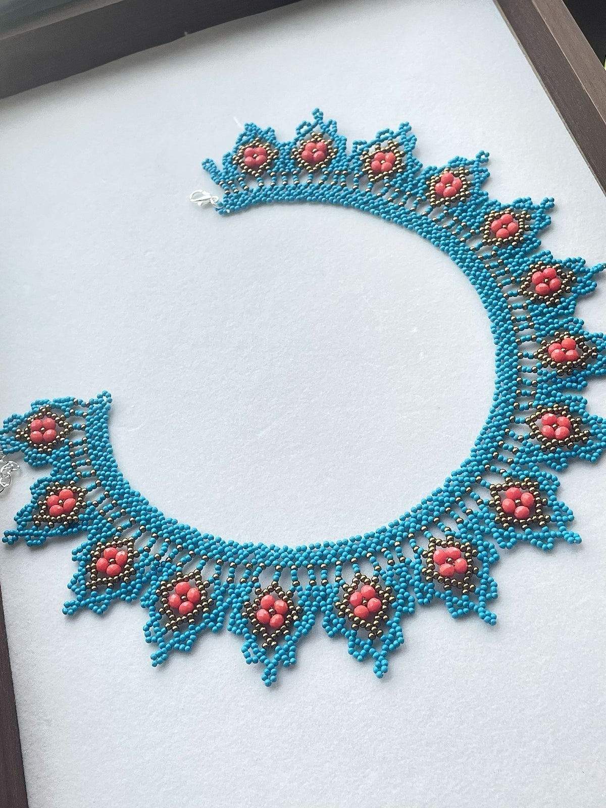 Turquoise Beaded Bib Necklace Coral Floral