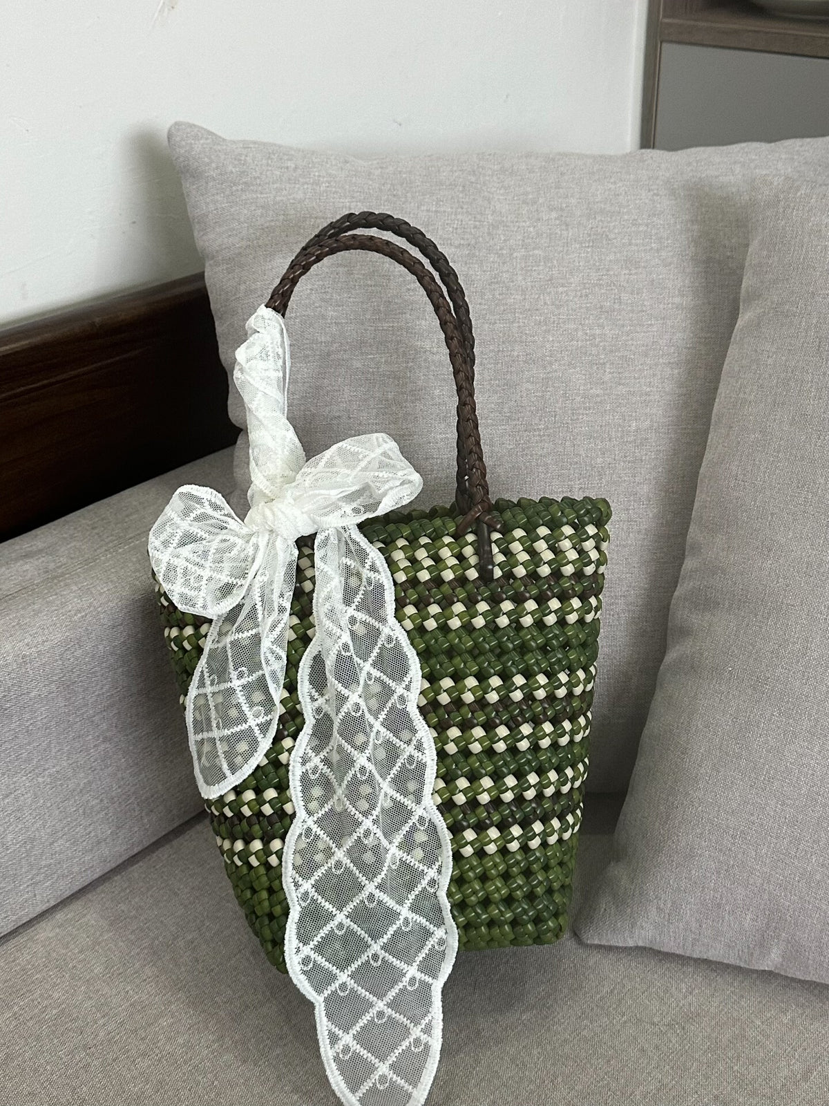 Handwoven Rattan Tote Bag Olive White