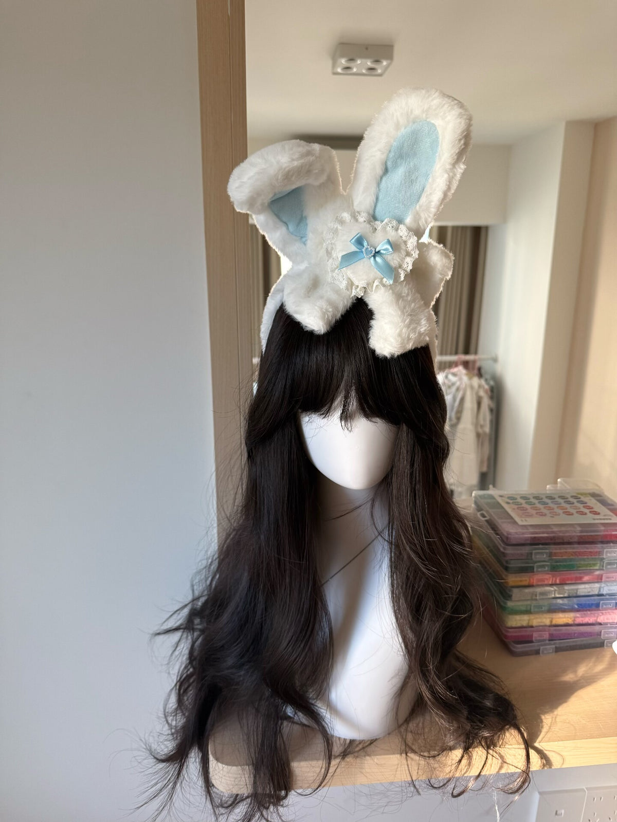 White Plush Rabbit Ear Headband with Blue Bow