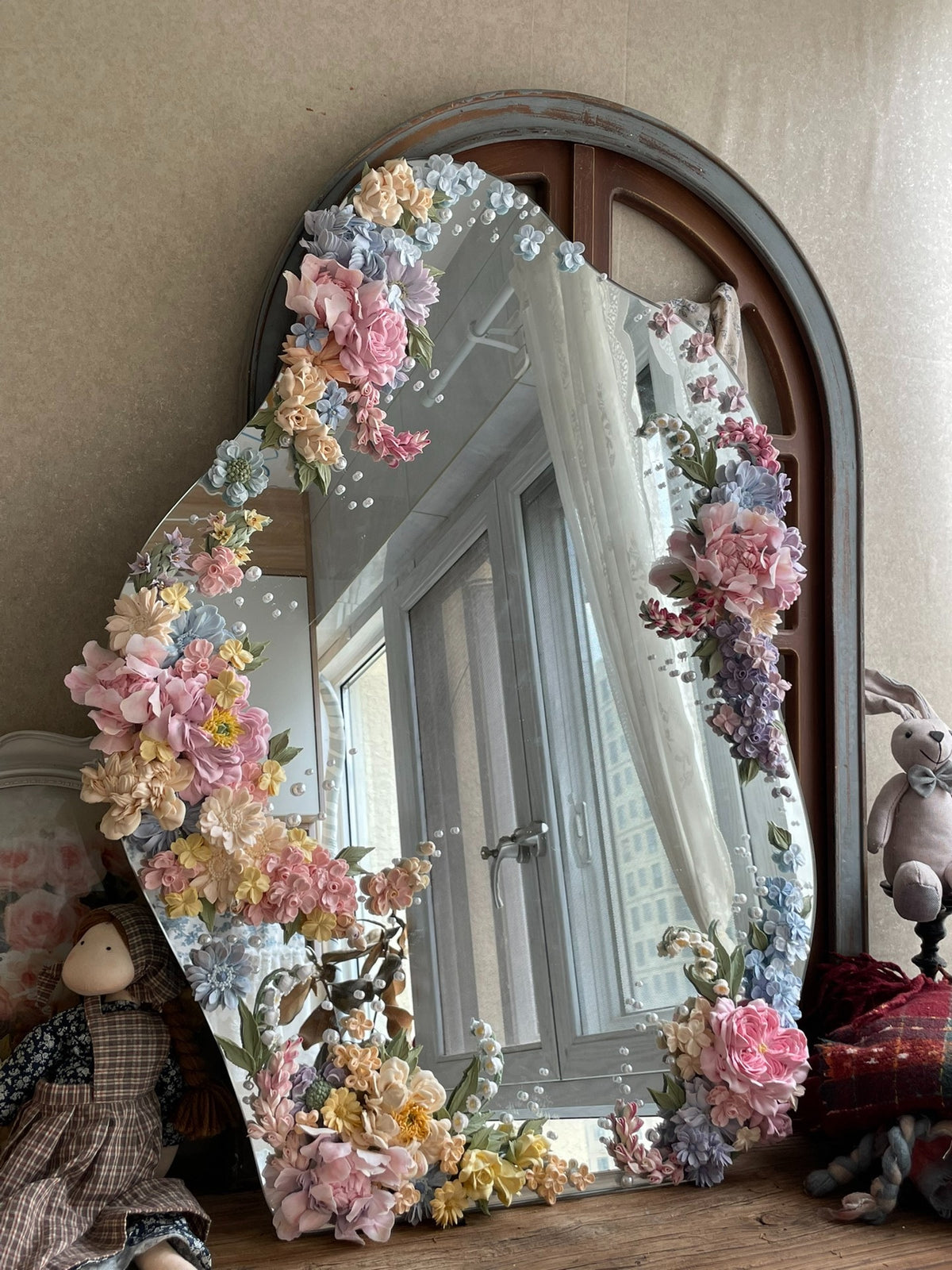 Clay Flower Decorated Mirror