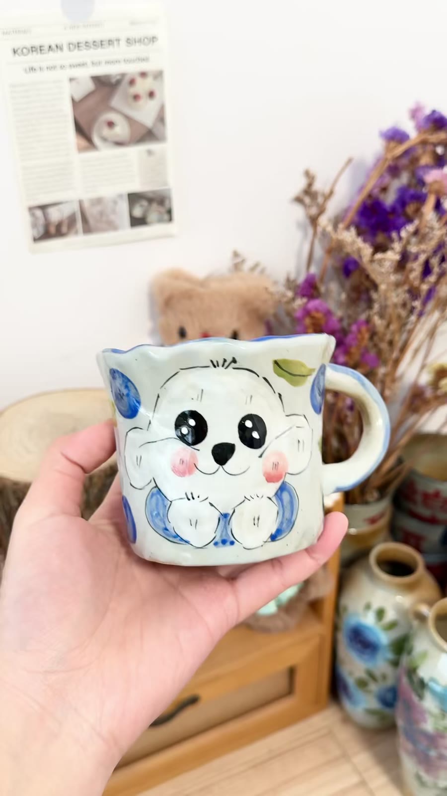 Handmade Ceramic Mug with Blueberry Dog Design