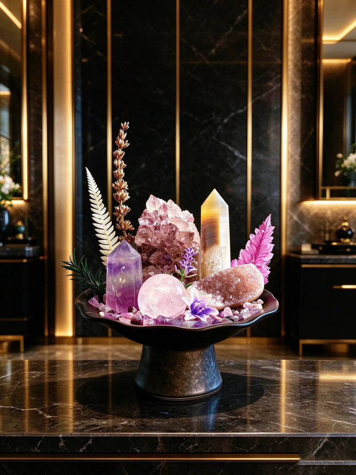 Dekorativ keramikskål med fot och mineraler i terrarium