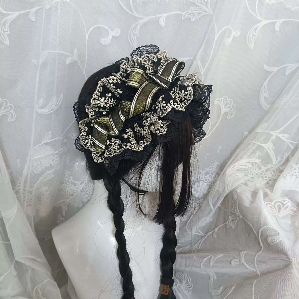 Black Lace Ruffled Bonnet Headpiece