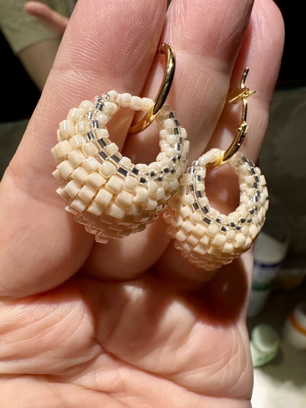 Handwoven Cream Beaded Hoop Earrings