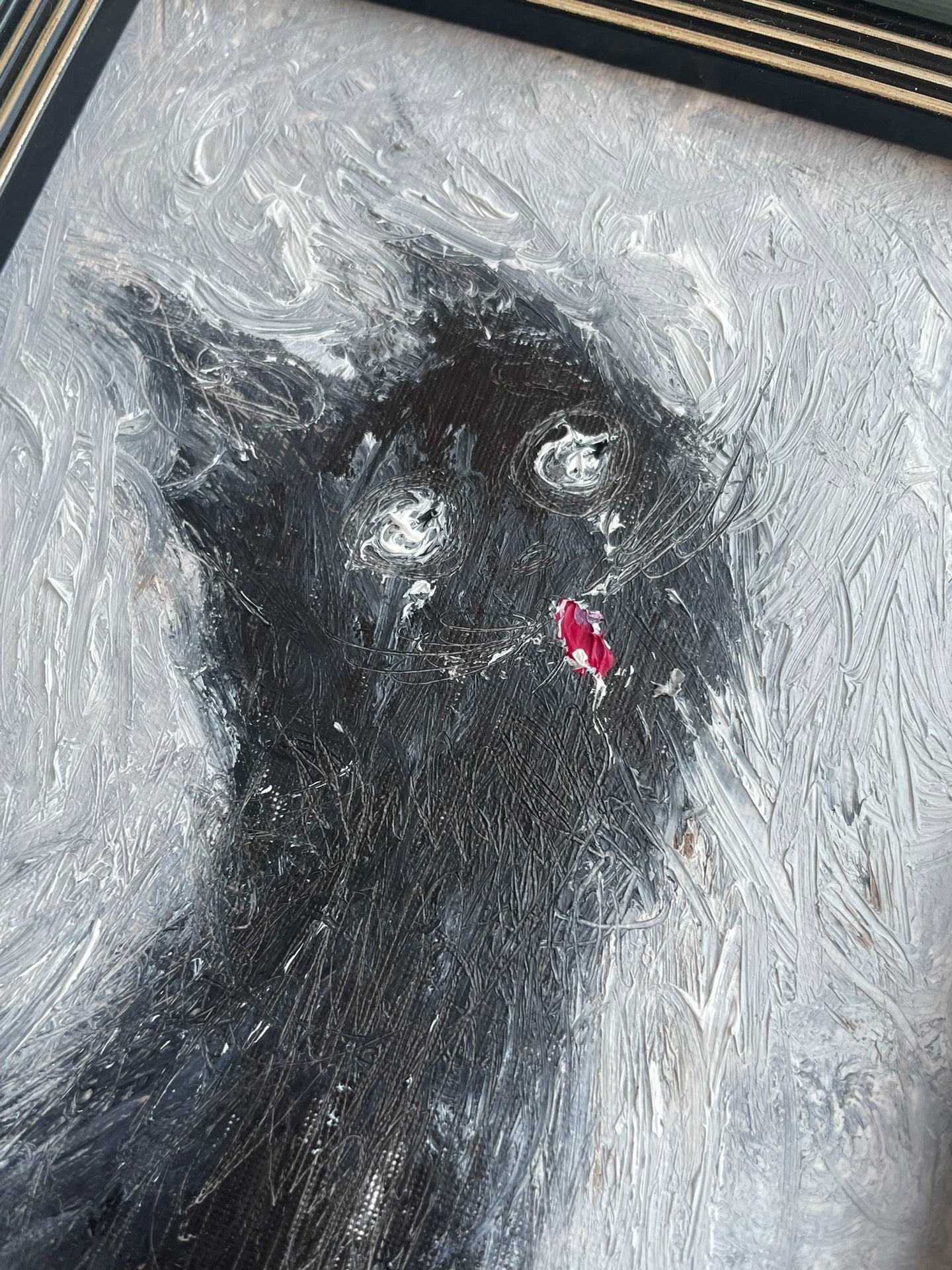Hand-Painted Oil Artwork Black Cat Teal Frame Tabletop Display