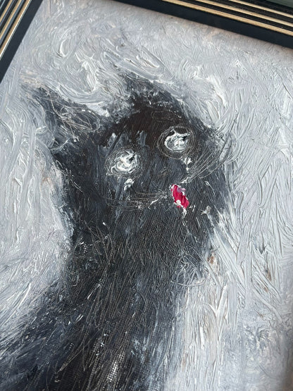 Hand-Painted Oil Artwork Black Cat Teal Frame Tabletop Display