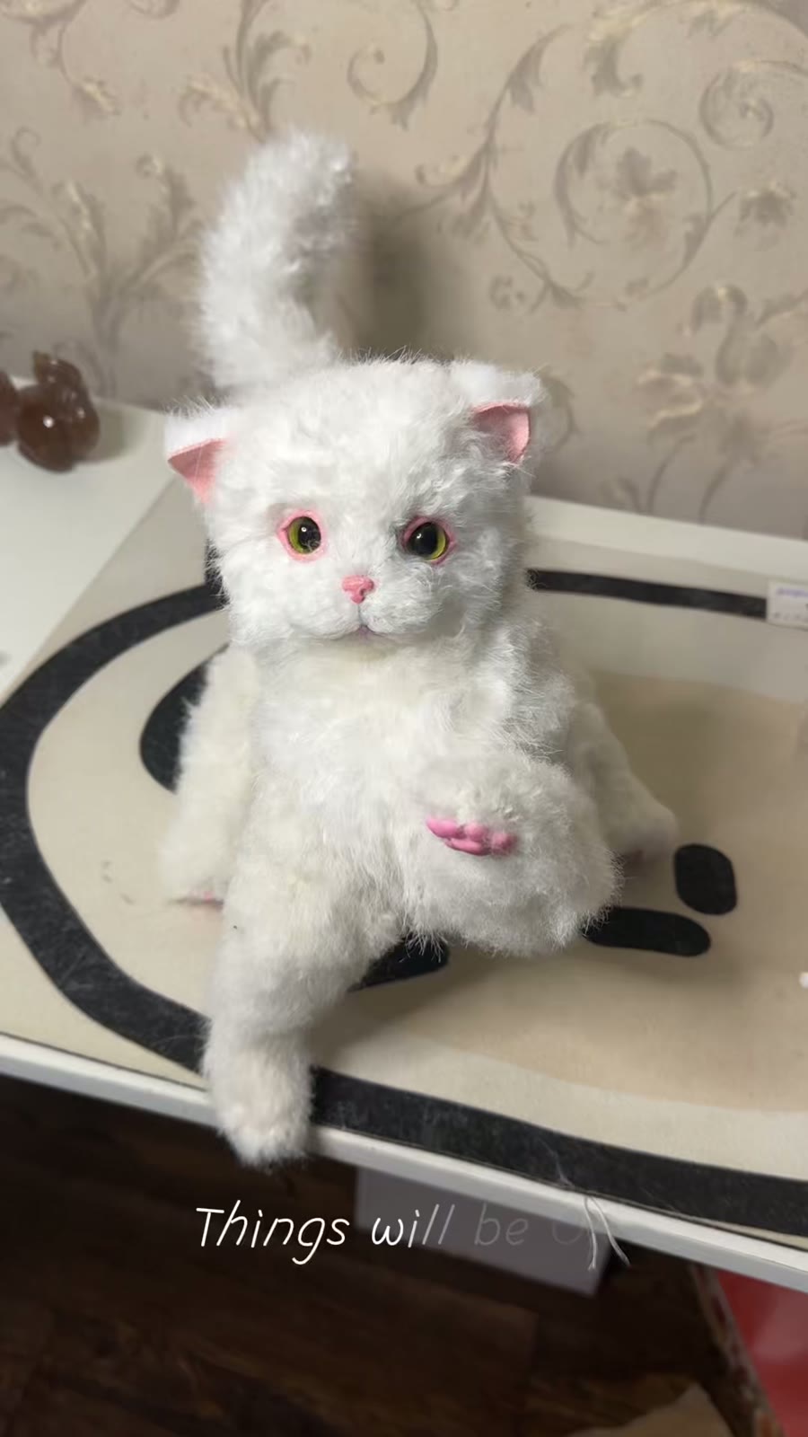 Poseable Curly Plush Cat Doll with Articulated Limbs