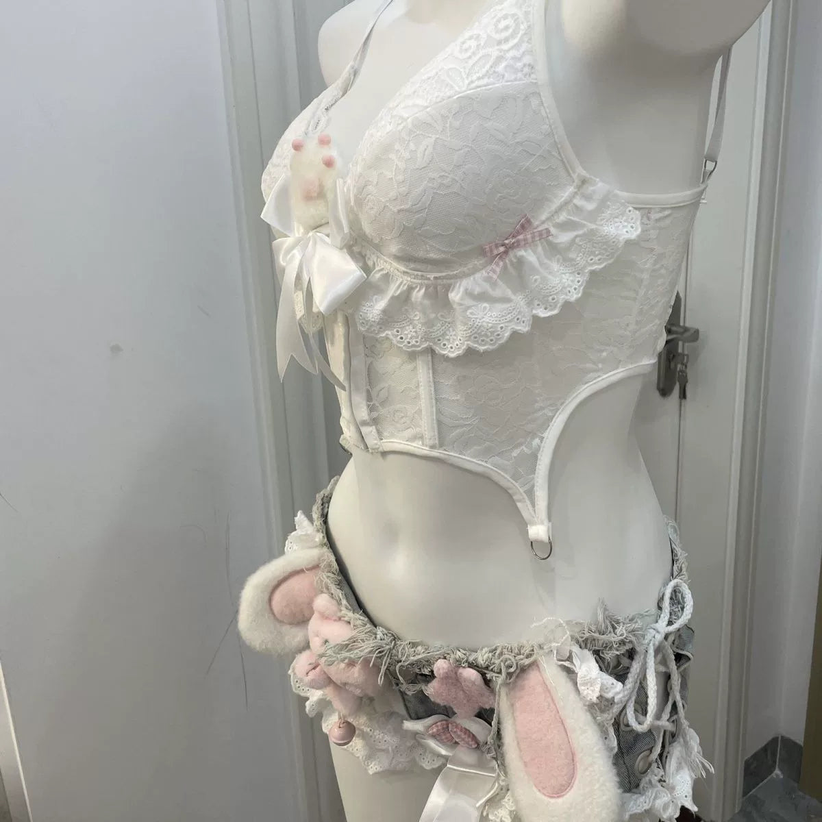 White Lace Camisole and Denim Shorts Set