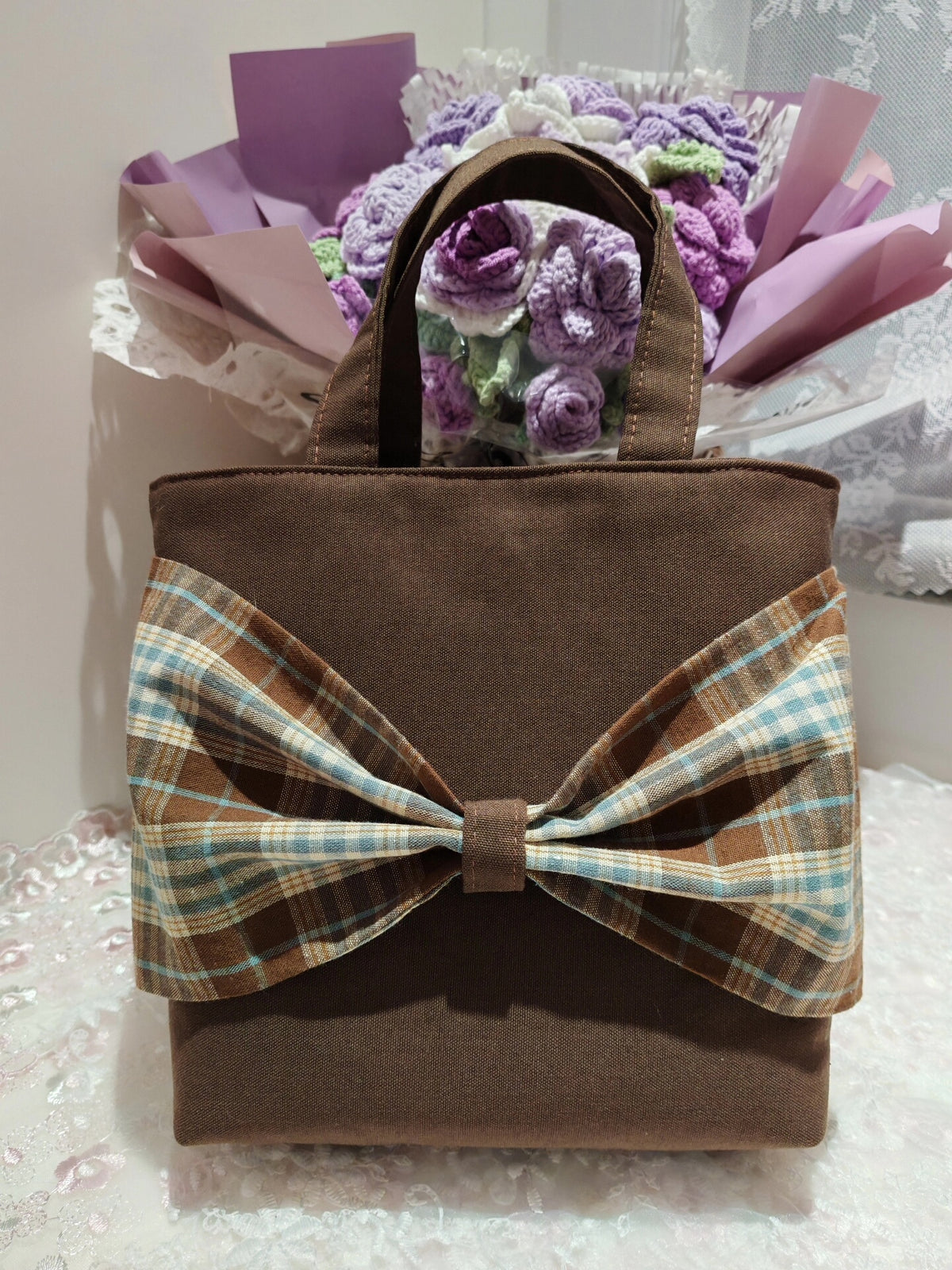 Handmade Bow Plaid Fabric Handbag