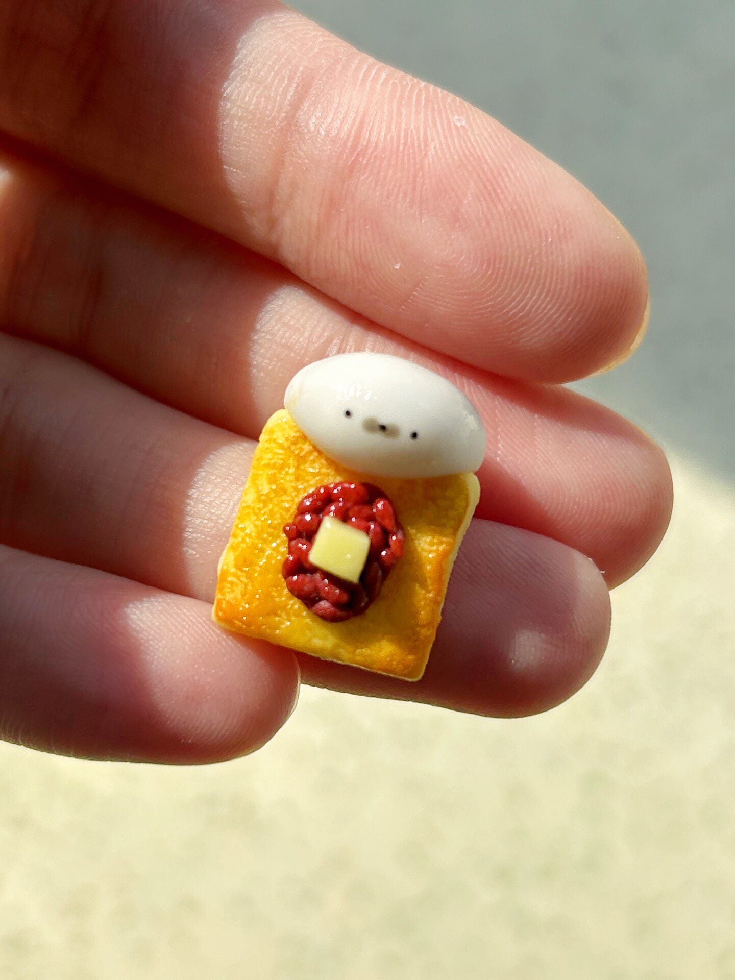 Red Bean Paste Bread Slice Miniature Figurine with Cream Topping