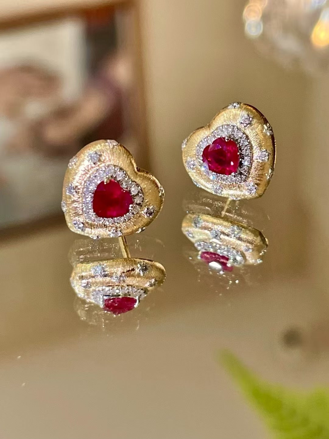 18K Gold Heart Stud Earrings with Red Gemstone and Brushed Finish