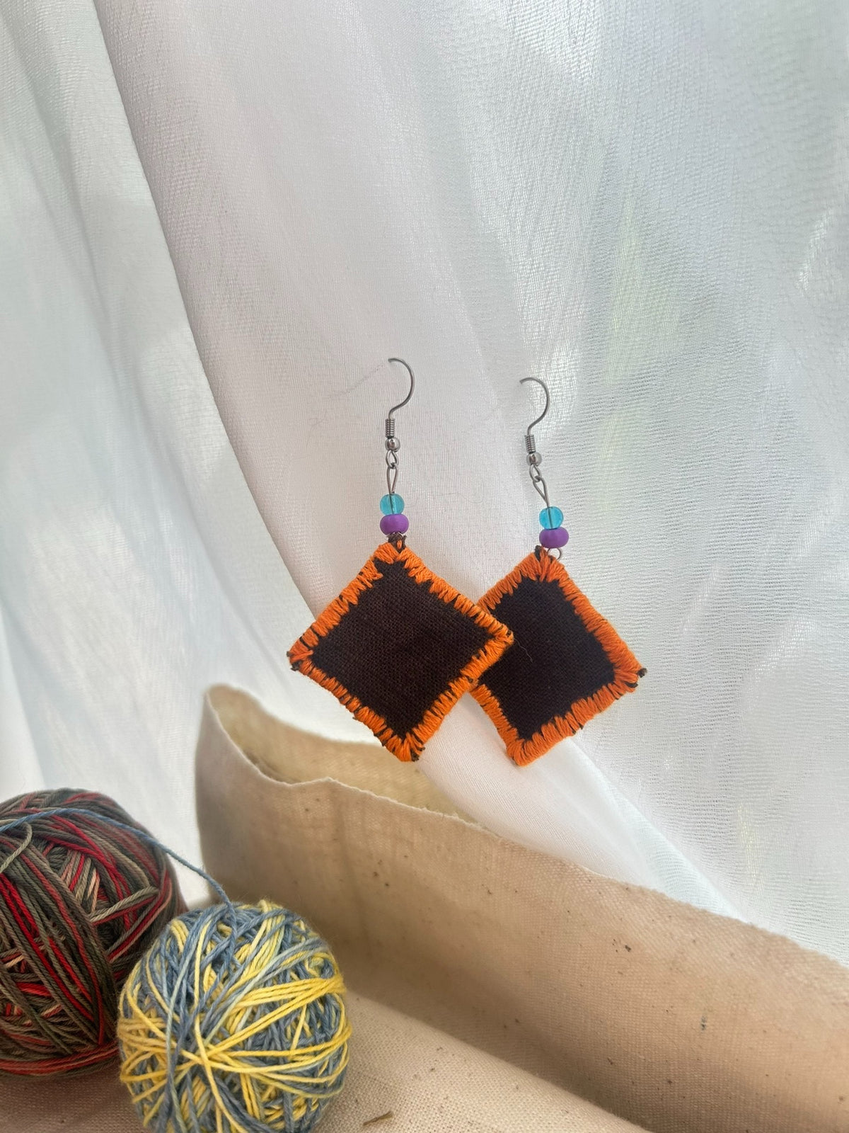 Handmade Rhombus Fabric Earrings with Beads