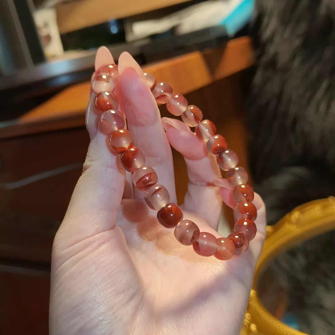 Bracciale con perline in agata rosso ghiaccio naturale 8 mm