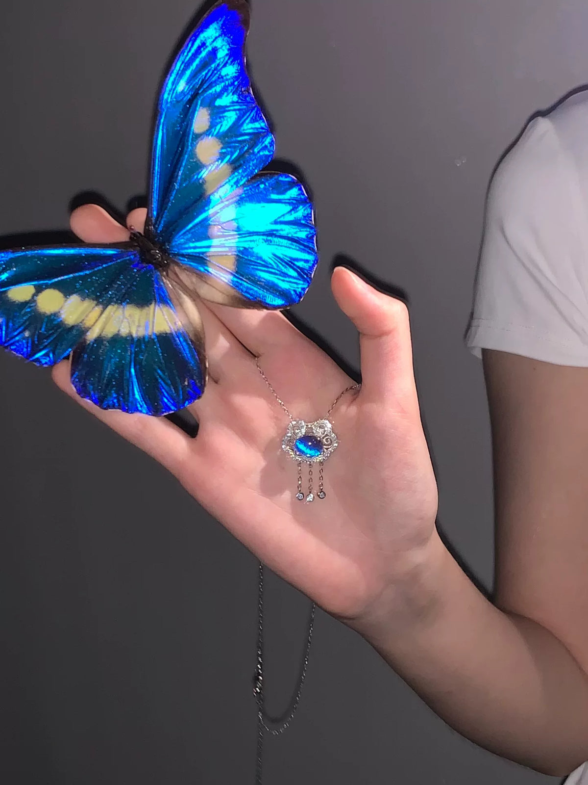 S925 Silber Schmetterlingshalskette mit blauem Kristall-Anhänger
