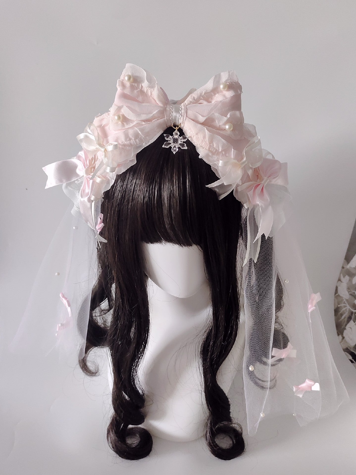 Lolita Large Bow Headband with Veil – Pink or Blue