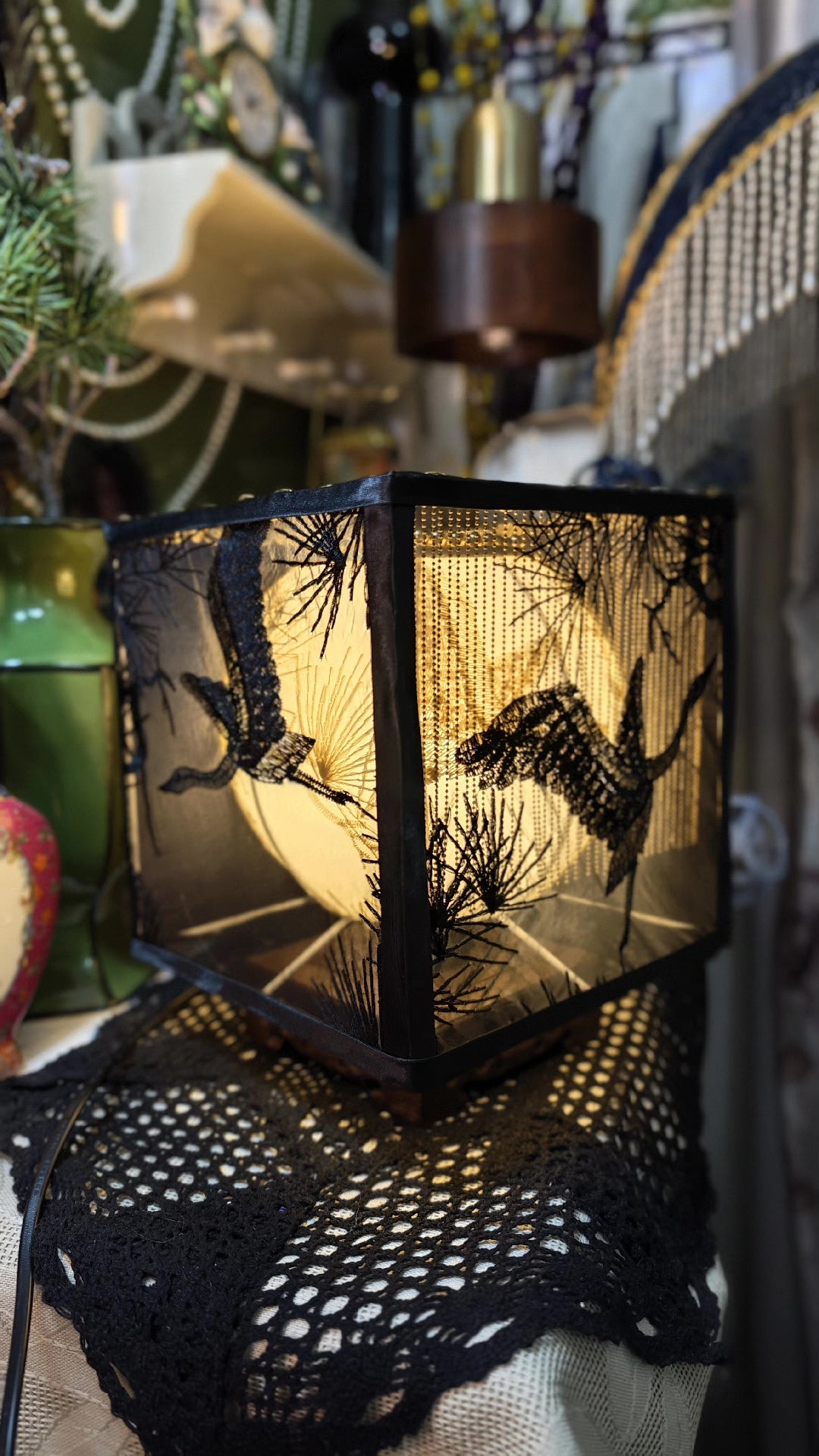 Pine Crane Silhouette Tea Table Lamp