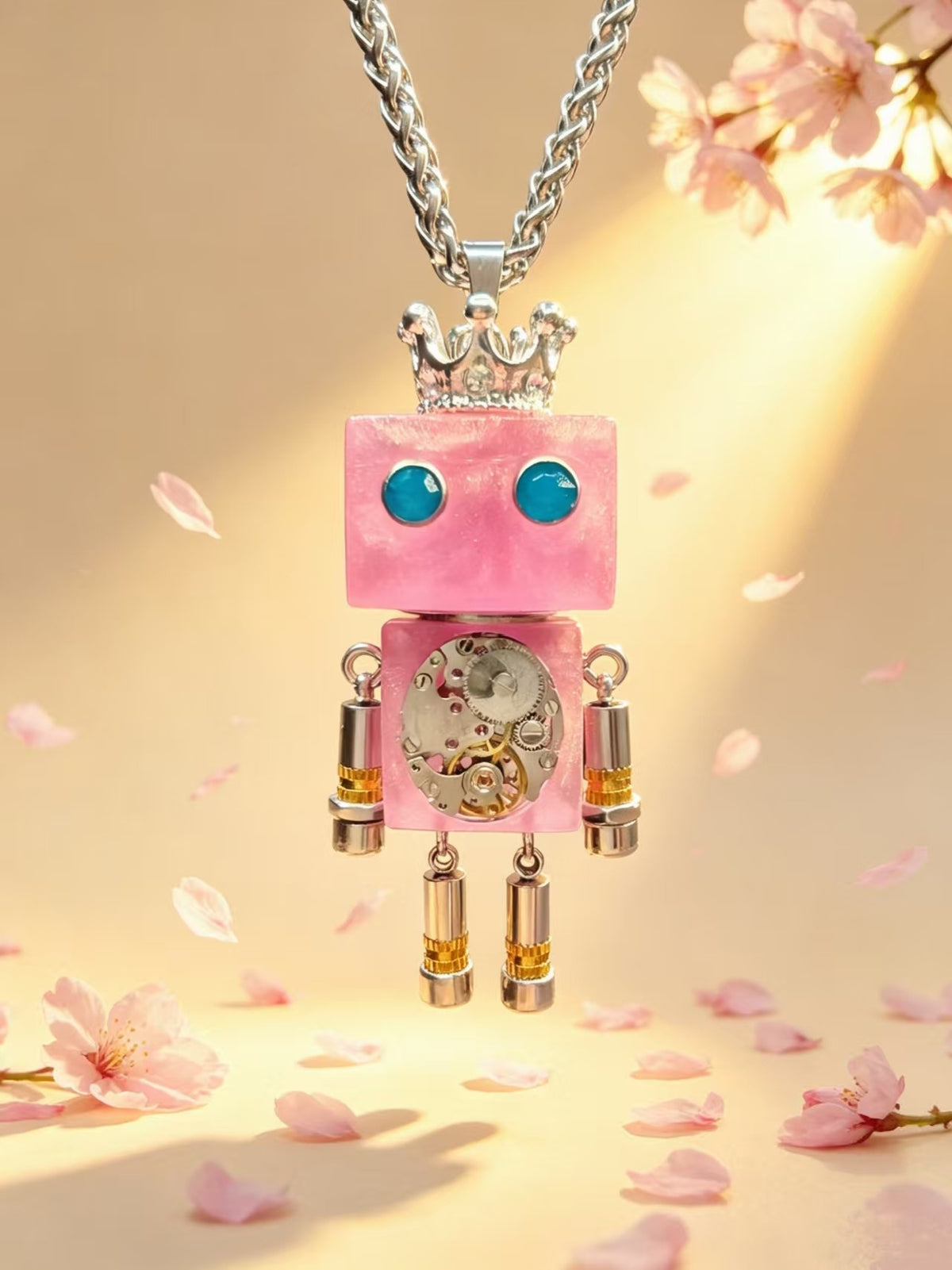 Pink Robot Crown Necklace Handmade Mechanical Pendant