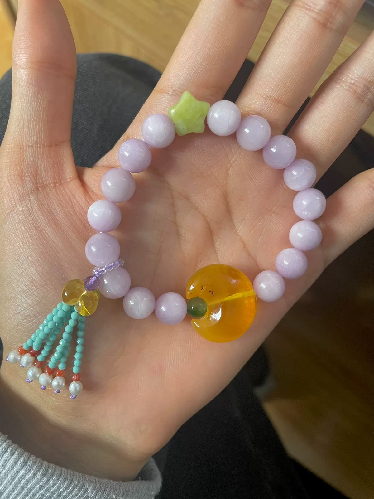 Lavender Kunzite Amber Tassel Bracelet